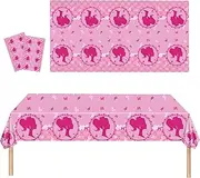 2Pcs Hot Pink Bar-bie Table Cloth Girls Party Tablecover,137*274cm Plastic Waterproof Party Tablecloth Dinning Table Decorations for Kids Girls Birthday Wedding Picnic Baby Shower Party Supplies