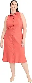 [Maggy London] Women's Sleeveless Button Down Midi Linen Rayon Blend-Elegant A-line Business Casual Dress