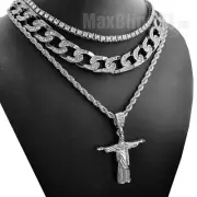 Silver Plated Cubic Zirconia Jesus Body Pendant & 18" Iced Cuban & Tennis chain