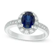 Oval Lab-Created Ceylon Blue and White Sapphire Frame Antique Vintage-Style Ring in Sterling Silver