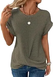 [KevaMolly] Womens T Shirts Solid Batwing Sleeve Cross Wrap Hem Tee Casual Tshirt Trendy Fitted Tee Tops