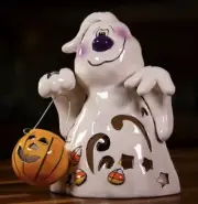 Blue Sky Large 8” Halloween Ghost with Jack-O-Lantern Basket Tea Light Candle