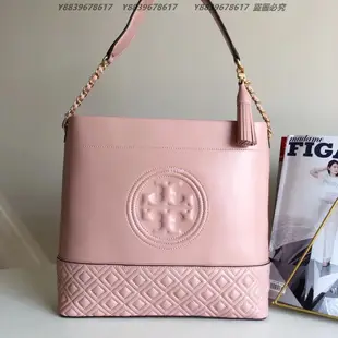 美國代購TORY BURCH 百搭  美國輕奢時尚 車線菱格羊皮 粉色單肩水桶包