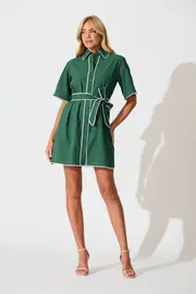 Miela Shirt Dress Half Sleeve in Green Emerald with White Contrast Trim Cotton 8