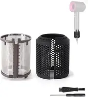 Hair Dryer Inner Filter + Outer Filter Cage Replacement for Dyson Hair Dryer HD01 HD03 HD08 Models, Hair Dryer Filter Mesh Filter Cover Cap Protect Attachments Easy Disassembly (Black)