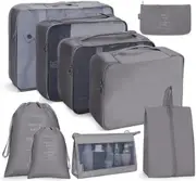 9 Set Packing Cubes with Shoe Bag Travel Luggage Organizer for Suitcase Clothes Storage Bag,Grey