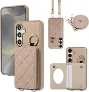 YDIJCYAN Mobile Phone Case for Samsung Galaxy S22 Case with Strap + Ring + Makeup Mirror Shockproof Mobile Phone Protective Case (Khaki)