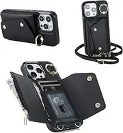 Procarcasa for iPhone 16 Pro Max Phone Case Wallet with Card Holder,for iPhone 16 Pro Max Wallet Case Leather Flip Cover Zipper Coin Pocket Kickstand Back Cover with Wrist Strap Lanyard, Black