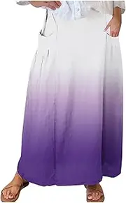[bawilom] Women's Elastic High Waist Skirts Plus Size Tie-dye Gradient Color Block A-Line Pleated Long Maxi Skirts with Pocket