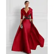 Red A-Line Vintage Embroidered Evening Gown Elegant Dress Tuxedo Dress Formal Floor Length 3/4 Length Sleeve Shirt Collar Satin with Appliques 2025