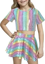 [Happy Cherry] Kid Girl Shiny Skirt and Top Set 2 Pcs Short Sleeve Metallic Disco Crop Top & Pleated Mini Skirt Set