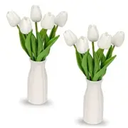 2 Packs Faux Flowers Artificial Tulips with Ceramic Vase, Poly Foam White
