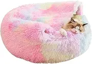 Cat Beds for Indoor Cats, Rainbow Cozy Cave Dog Bed 15.75 x 15.75 inches, Round Bed, Pet Furniture for Winter, Small Animals, Plush, PP Cotton, Warmth Retention