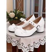Women's 1950s White Mary Jane Block Heel Shoes – Faux Leather Round Toe Vintage Pumps with Bow Strap for Tea Parties, Lolita, and Retro Costumes