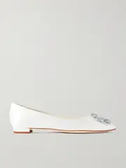 [Manolo Blahnik] Manolo Blahnik - Hangisiflat Crystal-embellished Satin Point-toe Flats - White - IT34 IT 34 White