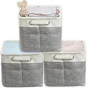 SimpleHouseware 3 Pack Fabric Storage Basket Bins, 36 x 25 cm with Linen Handle, Grey