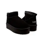 Leather Suede Sheepskin Wool Ultra Mini Platform Boots Black