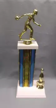 male BOWLING trophy blue/gold column weighted white base pin trim