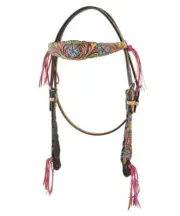 Western Brown Leather Hand Painted Set of Headstall and Breast Collar /Fringes