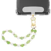 Phone Wrist Strap, Pearl Beaded Phone Charm with Tether Tab, Light Green & White
