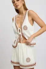 White Shorts Elasticated Waist Embroidery - Size 16, Women's Shorts