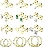 [FASHGOOD] Small Flat Back Earrings for Women Men Hypoallergenic 14K Gold Plated Surgical Steel Earring Sets for Multiple Piercing CZ Ball Stud Earrings Cartilage Hoop Earrings Sleeper Huggie Earrings