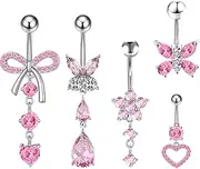 [QttvbTna] 5Pcs Belly Button Bars, 14G Dangle Belly Button Bars, Stainless Steel Heart Flower Belly Bars, Butterfly Curved Reverse Navel Rings, Pink White Belly Bar Piercing Jewelry for Women, Five