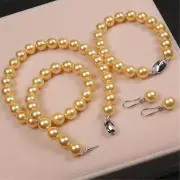10MM gold shell pearl necklace bracelet earring set Reiki Tibetan Stainless Gift