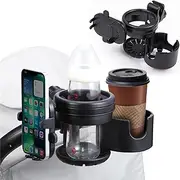 Stroller Cup Holder with Phone Holder, Universal 360 Degree Rotation Pram Drink Holder, 3-in-1 Strollers Storage Rack for Pushchair, Wheelchair, Bike, Wheelchair, Walker, Fits Most Cups (Black)