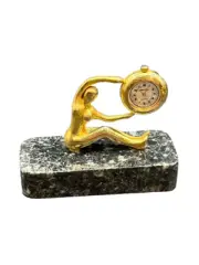 New Miniature Gold Mini Clock With Marble Base & Nude Woman Holding Mini Clock