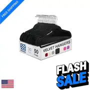 Black Velvet Hangers 50 Pack with Notched Shoulders & Horizontal Bar