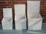 Set of White Wicker Stacking Storage Cube Chests w/lids ~ New
