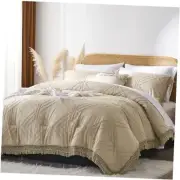 Comforter Set Boho, 3 Piece Tassel Geometric Textured Tufted Queen Khaki
