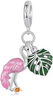 [Teleye] Flamingo Monstera Leaf Pendant Charm 925 Sterling Silver Charm Fits For Pandora Bracelet Necklace,SCC2830, Cubic Zirconia, Created Cubic Zirconia