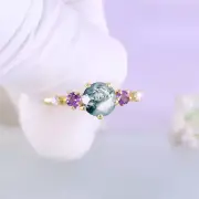 Moss Agate and Amethyst Cluster Ring Gold Plated Silver Promise Ring For Her