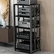 AV Media Stand Movable Audio Rack 3 4 5 Tier Stereo Rack With Wheels Media Storage Cabinet Height Adjustable Component Cabinet Open HiFi Rack(Black,5 Tier)