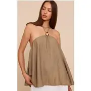 Khaki Textured Woven Trim Halterneck Top, Khaki