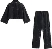 [Generic] Women Set Chic Turn-Down Collar Black Lace Short Shirt Top Lace-Up Elastic Waist Street Lace Straight Pant