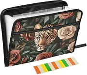Quteprint 13 Pockets Expanding File Folder with Zipper Closure, Rose Leopard Print Accordion File Folder with Sticky Labels, Letter Size A4 Papers Expandable File Document Organizer