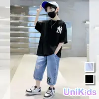 在飛比找momo購物網優惠-【UniKids】中大童裝2件套短袖T恤牛仔五分褲 男大童裝