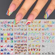 French Nail Art Stickers 12 Sheets Colorful Stripes Lines Irregular Geometric Water Transfer Nail Stickers French Abstract Nail Decals Watermark Nail Decals Design for Women Girls DIY Acrylic Nails