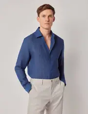 Hawes & Curtis Marine Pure Linen Slim Shirt | One Piece Collar | Full Cutaway Size: Large