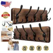 Set of 2 Rustic Wooden Wall Coat Hangers with 5 Tri Hooks - Easy to Install