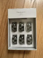 TAHARI HOME SET OF 6 NAPKIN RINGS CHECKERED PATTERN BLACK/ CLOUDY WHITE