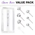 7 Pc Pre Loaded Box Mix CZ Shape Nose Stud Bone Rings + Nose Retainer 20g