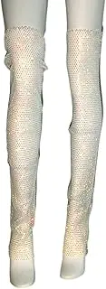 [GRABAGECAN] Women Fishnet Mesh Thigh Highs Leg Waremr Rhinestones Sheer Over Knee Leg Festival Long Socks, White Ab Diamond Kne, One Size