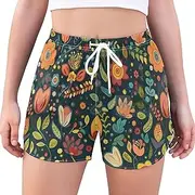 [GuoChe] Running Shorts Women Vintage Green Colored Floral Scandinavian Womens High Waisted Shorts with Pockets Womens Running