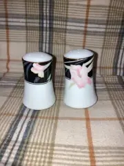 Decorative Salt & Pepper Shakers, Black, White Pink Flower