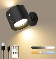 JESLED Wall Sconce, LED Lamp with Rechargeable Battery, Up and Downlight with Remote Control 3 Color Mode & 4 Brightness, 360° Magnetic Cordless Spotlights for Night Light Bedside Reading 1Pack