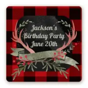 Lumberjack Plaid Birthday Party - Square Personalized Birthday Party Stickers